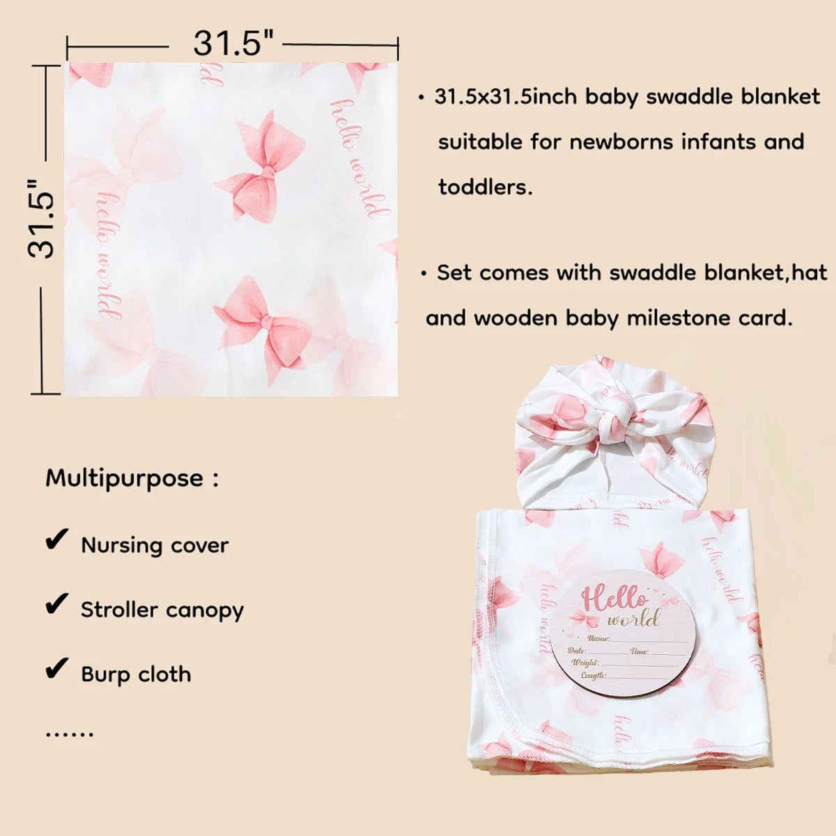 Newborn Baby Girl Swaddle Wrap Set Hello Bow Print Cotton Blanket + Bow Hat + Birth Announcement Card Infant Photoshoot Props