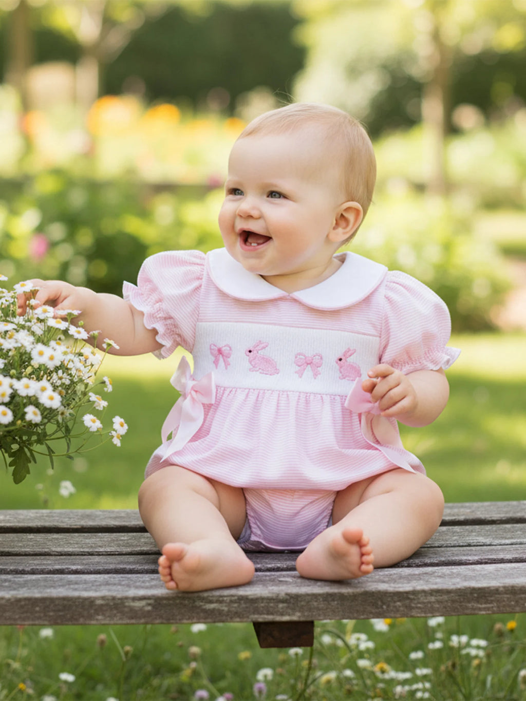 Baby Girl Easter Outfit  Bunny Embroidery Doll Collar Bubble Short Sleeve Jumpsuit Romper Cute Easter Clothes