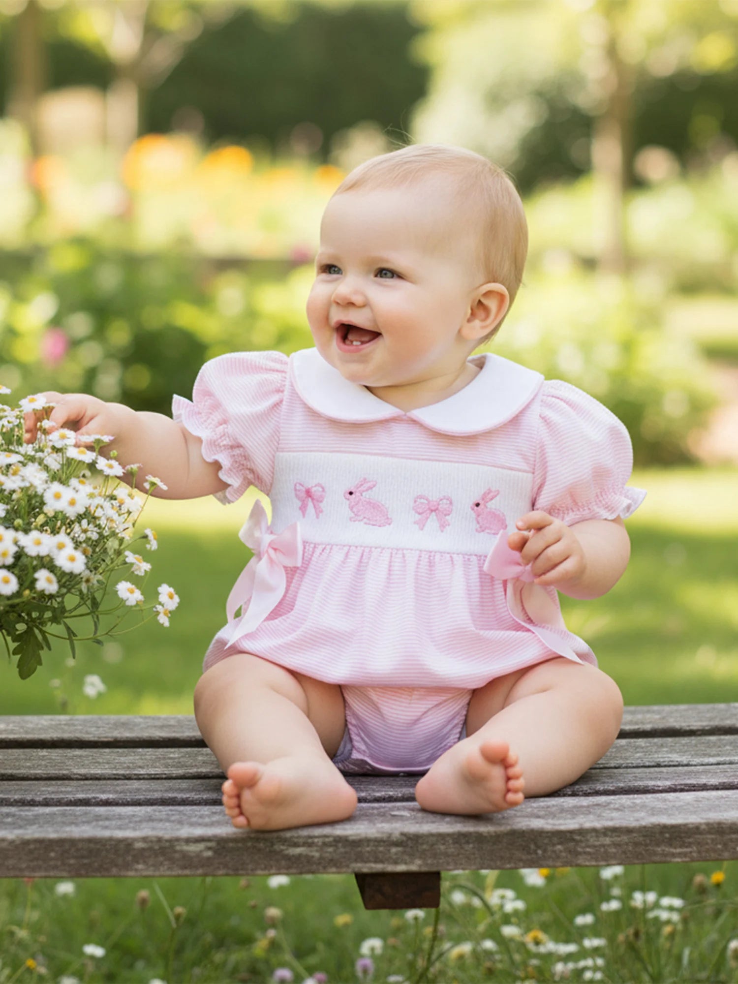 Baby Girl Easter Outfit  Bunny Embroidery Doll Collar Bubble Short Sleeve Jumpsuit Romper Cute Easter Clothes