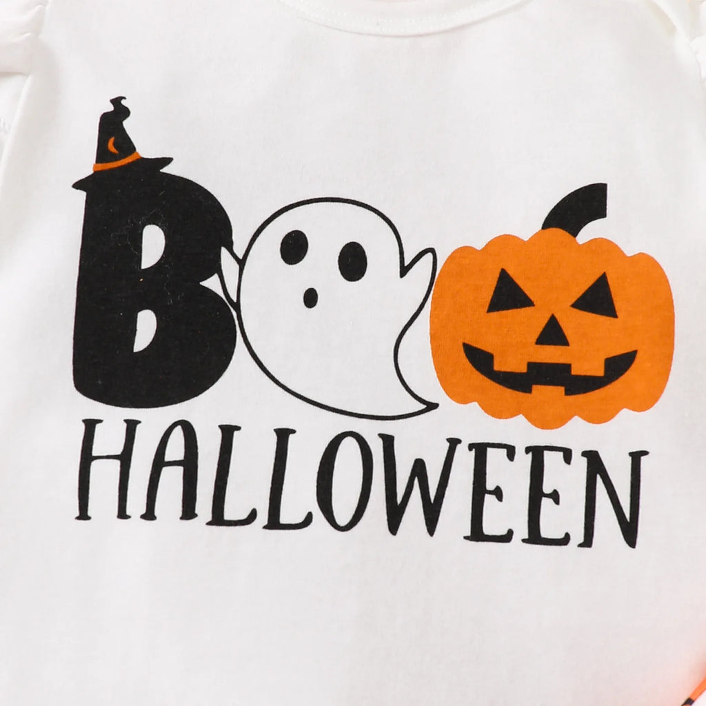 Halloween Autumn Baby Girl Ghost Long Sleeve Romper Bell Bottom Pants Headband 3-Piece Set Soft Infant Wear 0-1 Years