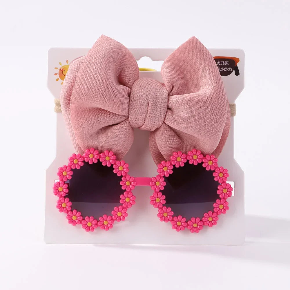 2Pcs Kids Sunglasses Headband Set Daisy Flower Round Toddler Bohemia Beach Seaside Sun Protection Eyewear Kids Hair Accessories
