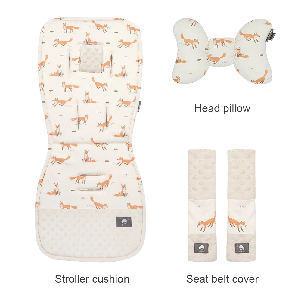 Stroller Cushion & Head Pillow & Seat Belt Cover 3Pcs/Set Universal Pram Pad Soft Cotton Double Sides Usable Baby Accessories