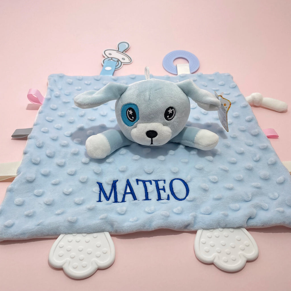 Personalized Newborn Baby Comforter Custom Minky Security Blanket with Teether Bunny Elephant Baby Shower Gift