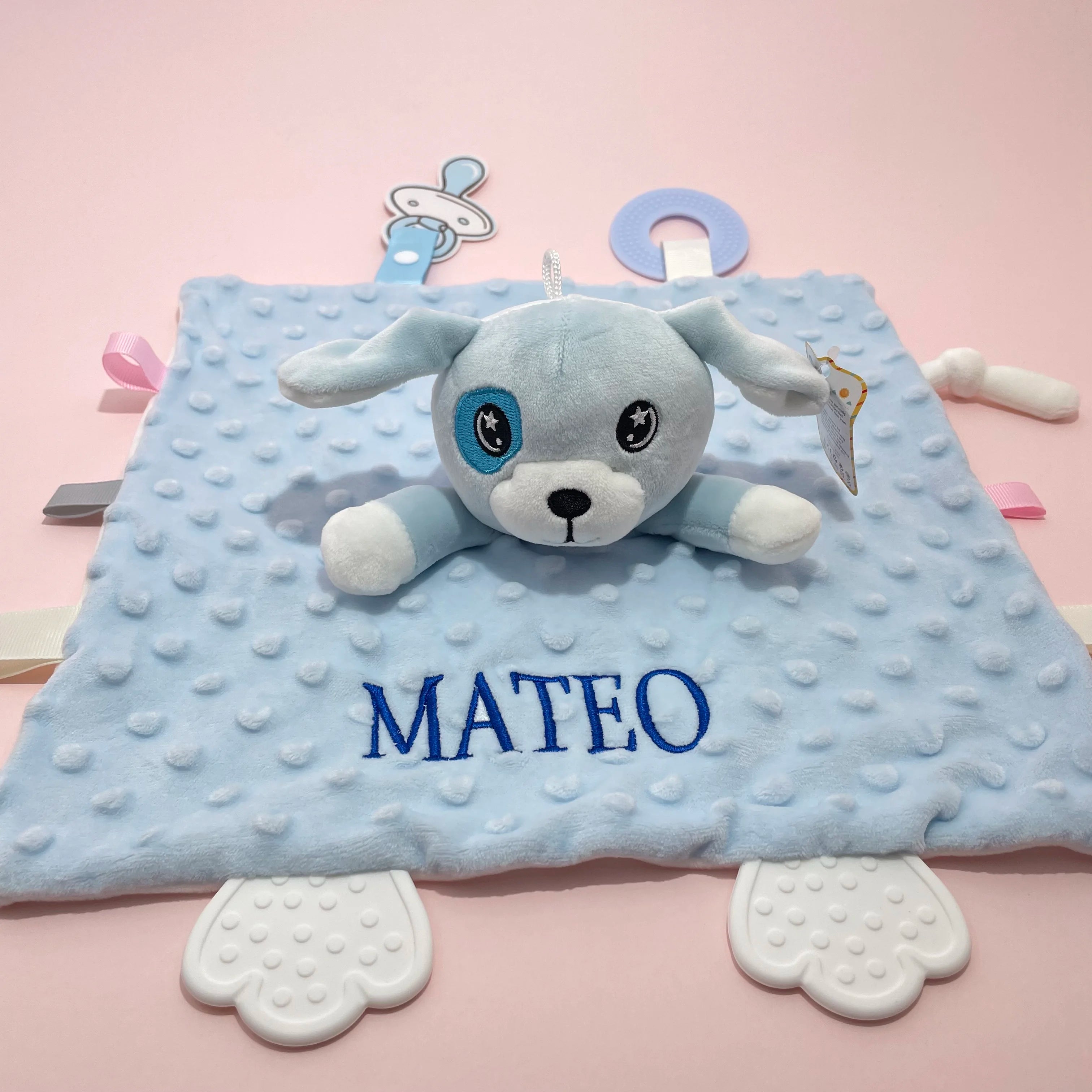 Personalized Newborn Baby Comforter Custom Minky Security Blanket with Teether Bunny Elephant Baby Shower Gift