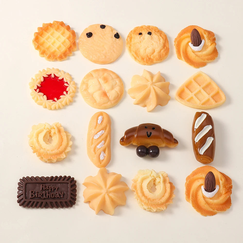 4pcs Cute Simulation Food Charms Kids Toys Resin Croissants Puffs Waffles Cookies Pendants for Necklace Keychain Jewelry DIY