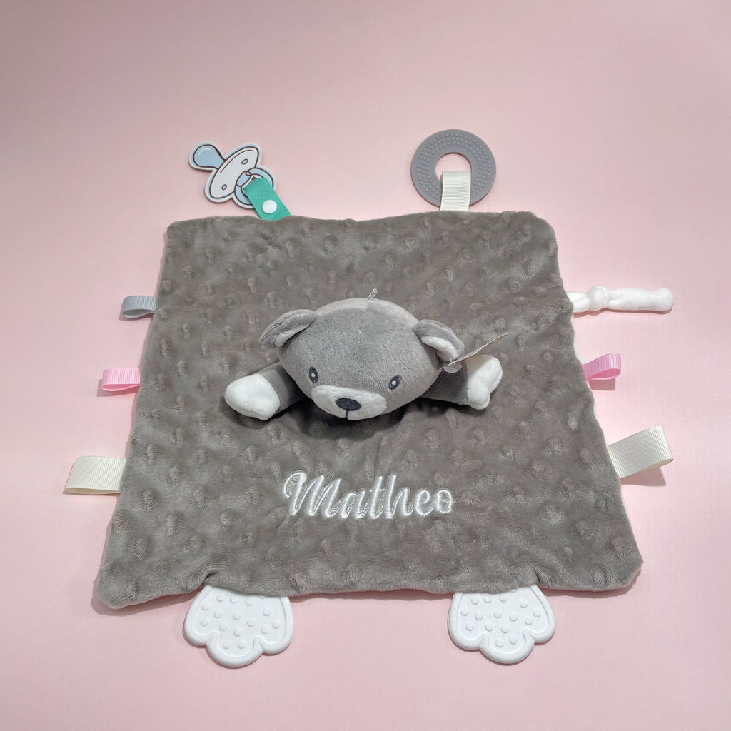 Personalized Newborn Baby Comforter Custom Minky Security Blanket with Teether Bunny Elephant Baby Shower Gift