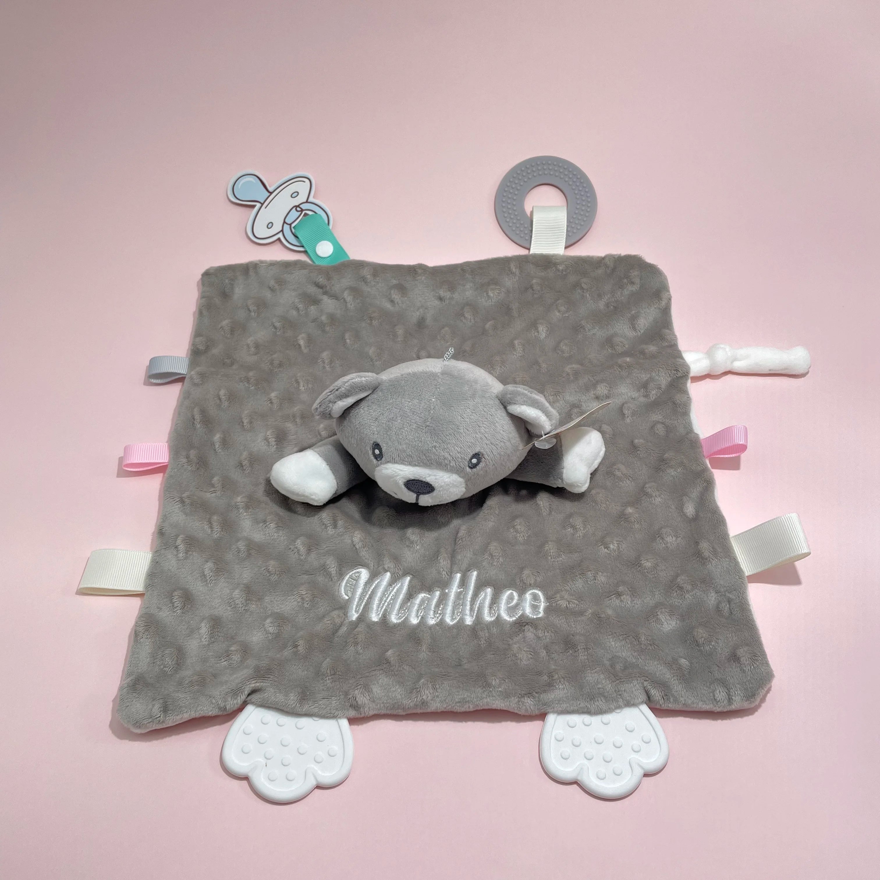 Personalized Newborn Baby Comforter Custom Minky Security Blanket with Teether Bunny Elephant Baby Shower Gift