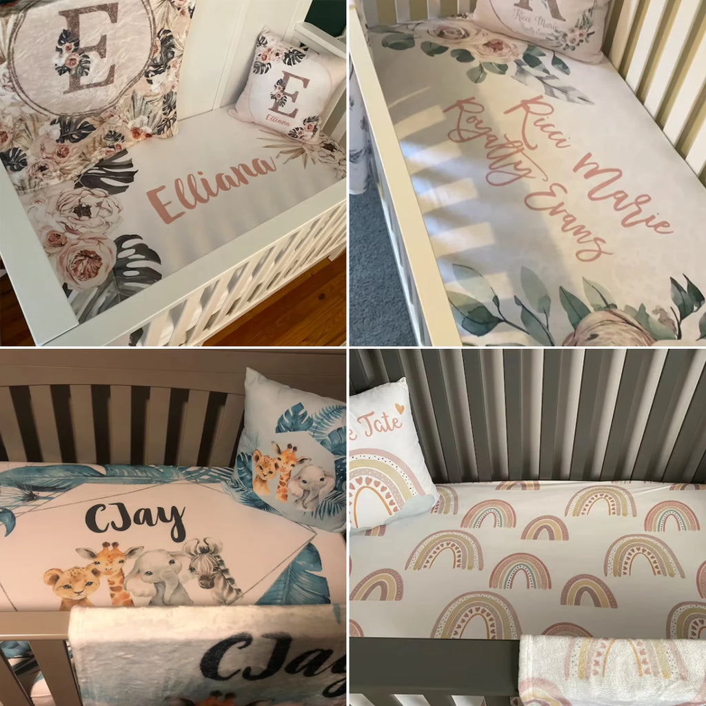 LVYZIHO Baby Boy Crib Sheet Set, Custom Name Blue Elephant Cirb Bedding Set, Baby Shower Gift Bedding Set