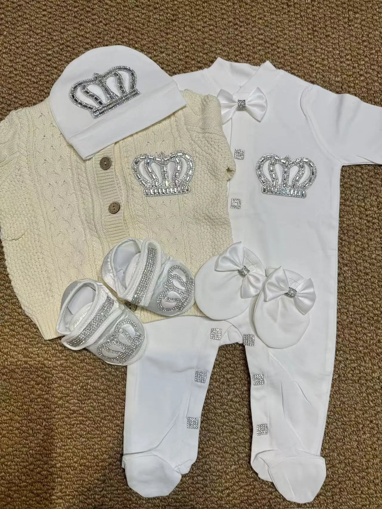 White Baptism Baby Coming Home Hospital Outfit Cotton Romper Knitted Back pants Receiving Blanket Swaddle Gift Set