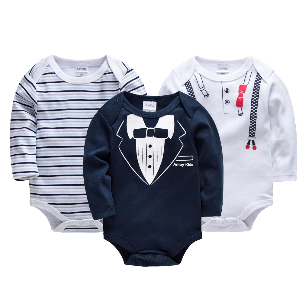 Three Pack 100 Percent Cotton Baby Bodysuits Long Sleeve Rompers Unisex Cute Prints Set for 0 to 24 Months