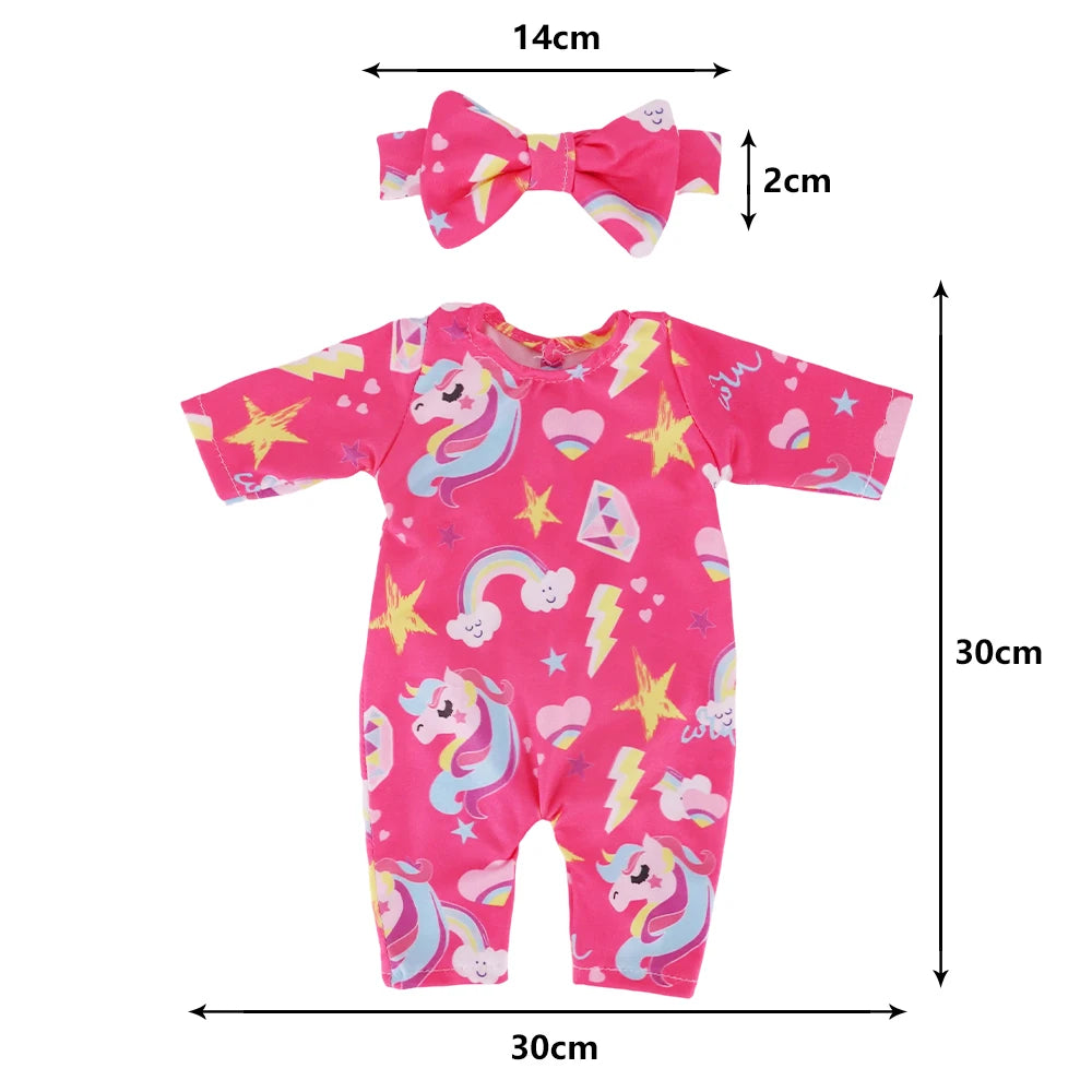2Pcs/set Pajamas For 43CM Baby Doll&18Inch American Doll Clothes Bow Tie Headband+Jumpsuit Pajamas Unicorn Flamingo Pattern,Toys