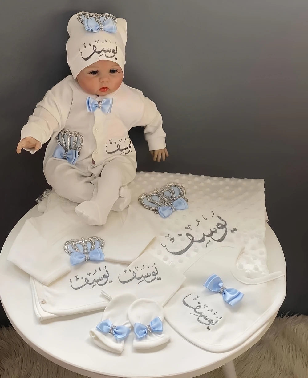 Dollbling 5pcs Newborn Welcome Home Outfits Cotton Infant Baby Nest Luxury Bedding Personalized Embroidery Blanket Set