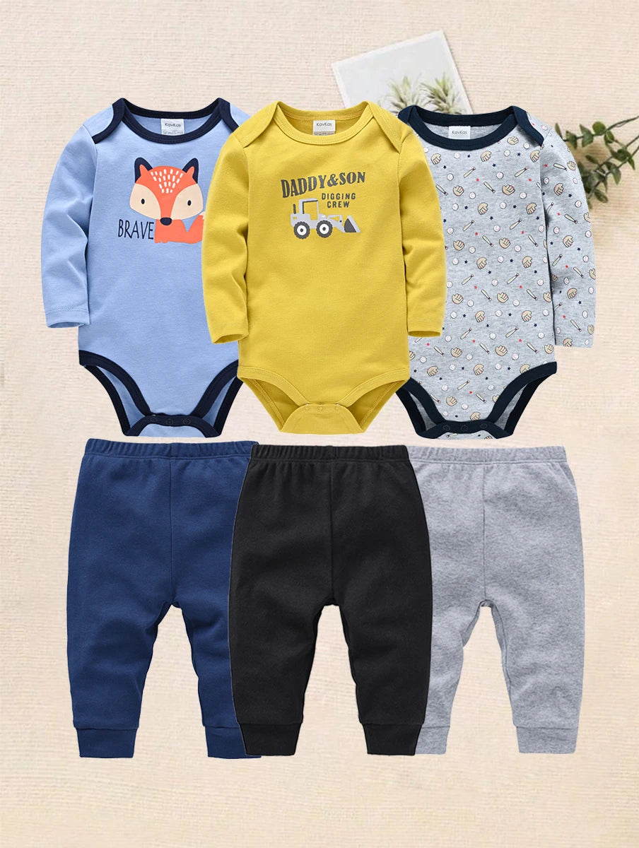 6 Pcs Baby Clothes Boys Romper Long Sleeve Bodysuit Trousers Baby Clothing Sets Onesize and Pants Suit Newborn Gift