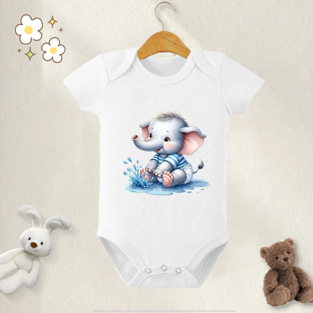 Unisex Baby Bodysuit Cute Elephant Print 100 Percent Cotton Short Sleeve Onesie Romper for 0 To 12 Months