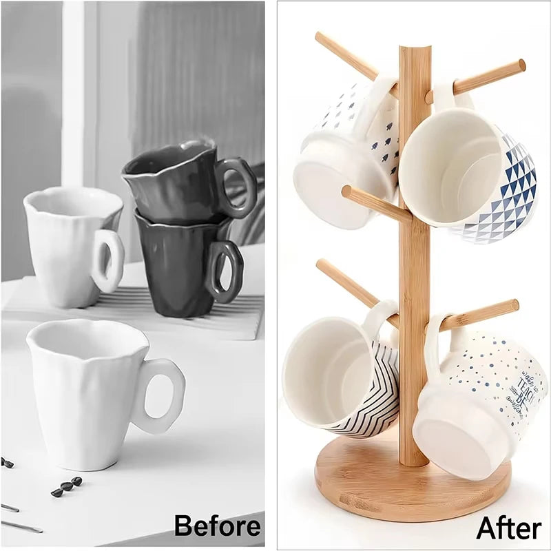 Mug Tree Holder Bamboo Natural Six-Hook Space-Saving Desk Organizer