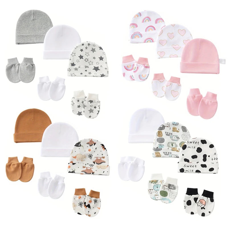 3 Sets Newborn Hat Gloves 100% Cotton Cartoon Baby Beanie Hat for Girls Boys Infant Bonnet Toddler Cap Kids Accessories 0-6M