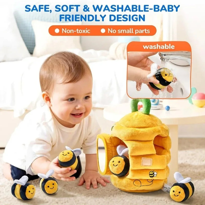Baby Toys 6-12 Months Soft Baby Beehive with 5 Sensory Bee Rattle Mirror Crinkle Squeaker Busy Montessori Soft Toy for Toddlers