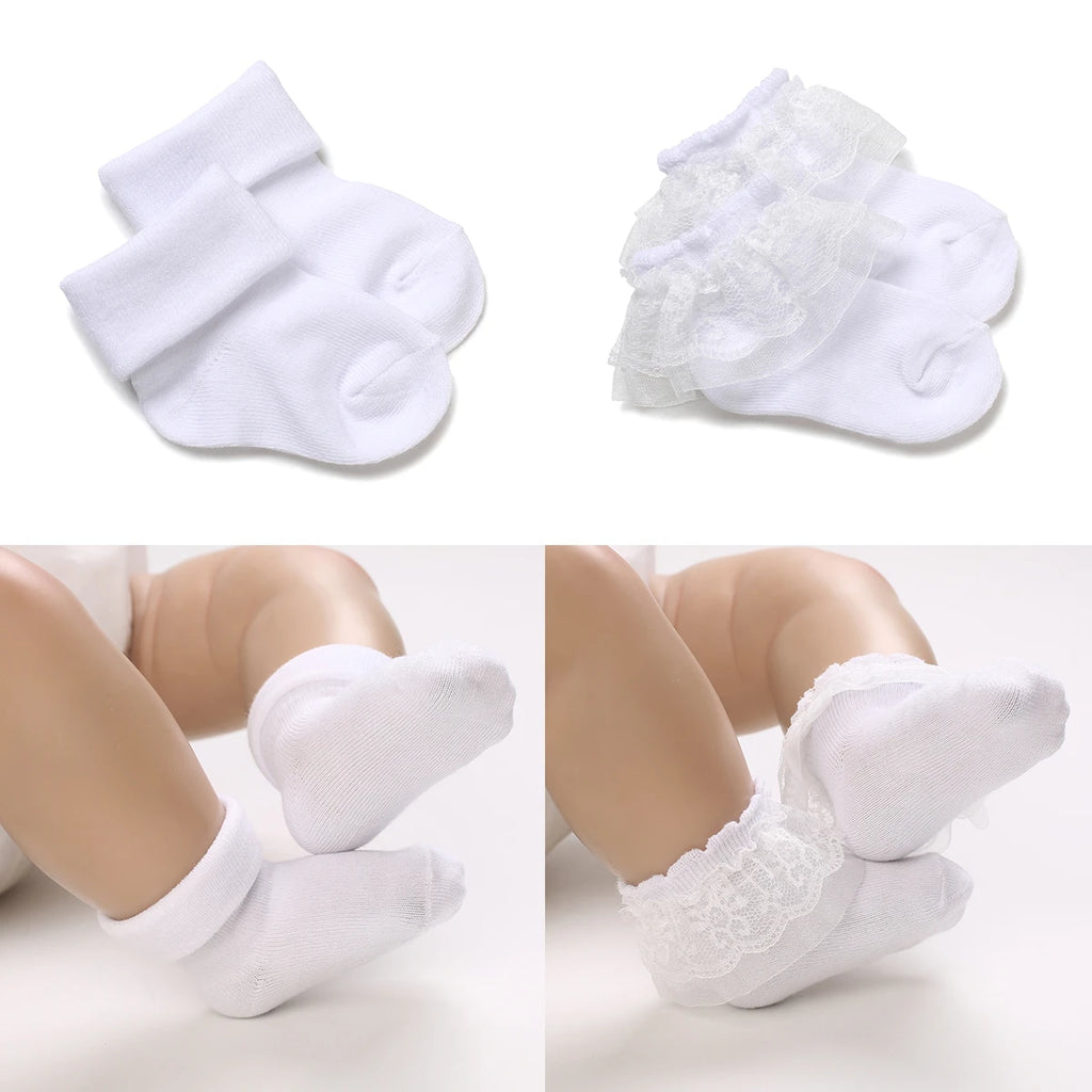 4 Pairs of Cute Lace Cotton Baby Socks 0-1 Years Old Boys and Girls Short Socks Newborn White