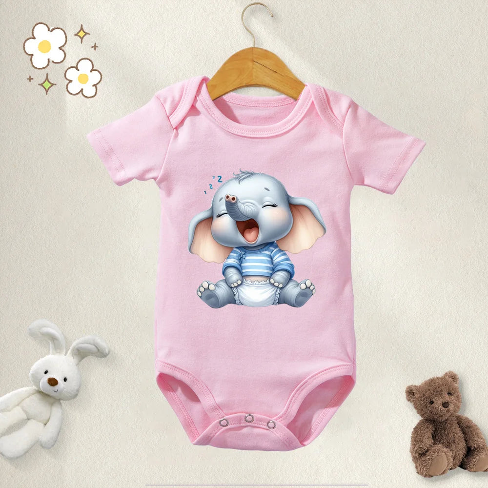 Unisex Baby Bodysuit Cute Elephant Print 100 Percent Cotton Short Sleeve Onesie Romper for 0 To 12 Months