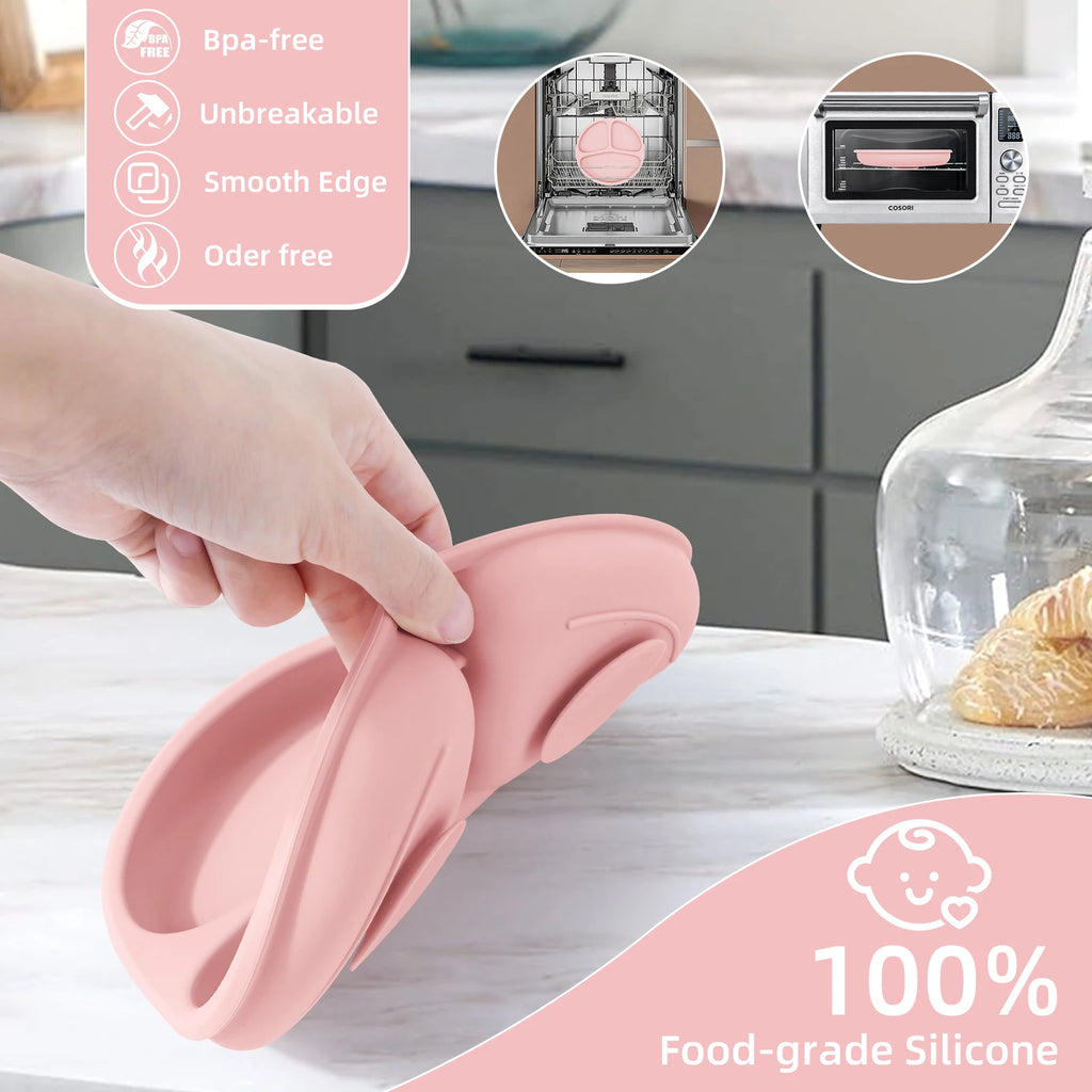 TYRY.HU 3pcs-1set Silicone Baby Feeding Set Divided Suction Plate Silicone Spoon Fork First Feeding Essentials Children Gift ﻿