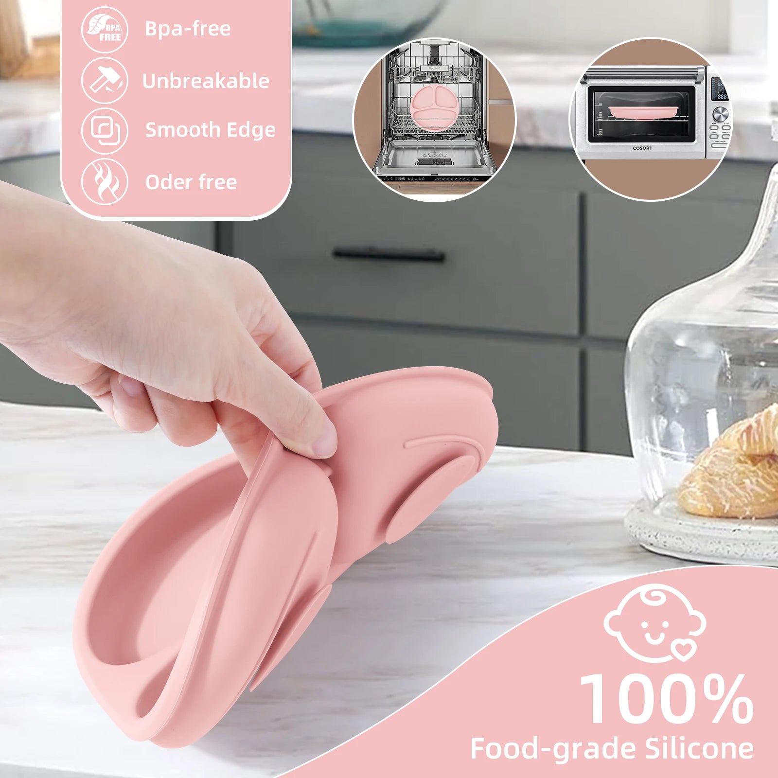 TYRY.HU 3pcs-1set Silicone Baby Feeding Set Divided Suction Plate Silicone Spoon Fork First Feeding Essentials Children Gift ﻿