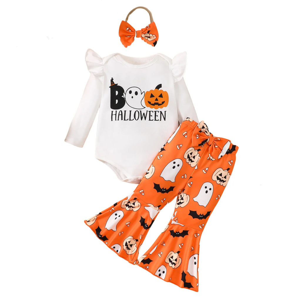 Halloween Autumn Baby Girl Ghost Long Sleeve Romper Bell Bottom Pants Headband 3-Piece Set Soft Infant Wear 0-1 Years