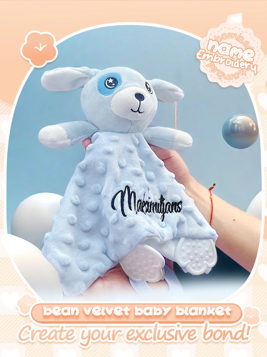 Personalized Newborn Baby Comforter Custom Minky Security Blanket with Teether Bunny Elephant Baby Shower Gift