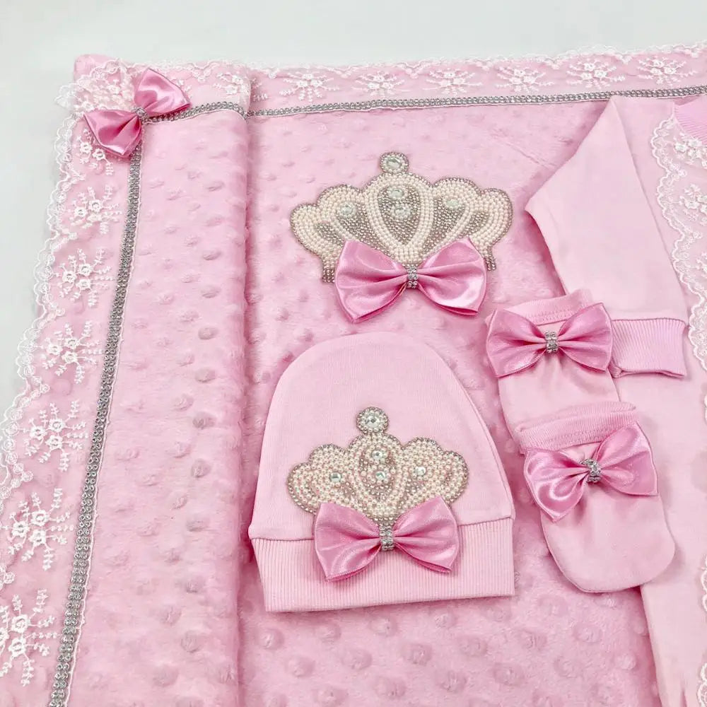Dollbling Newborn Baby Outfits 5pcs Cotton Receiving Blanket Name Personalized  Crown Jewelry Angle Wings Welcome Home Romper
