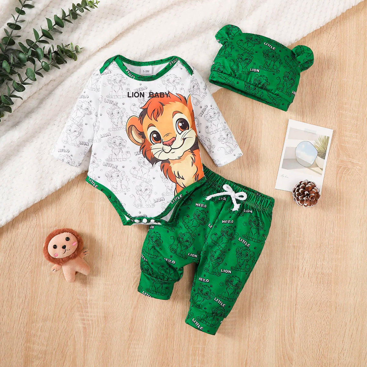Newborn Boy Baby Set Cartoon Small Lion Print Long Sleeve Bodysuit and Pants 2Pcs/ Set for Boys 0-18 Months Spring  Autumn Set