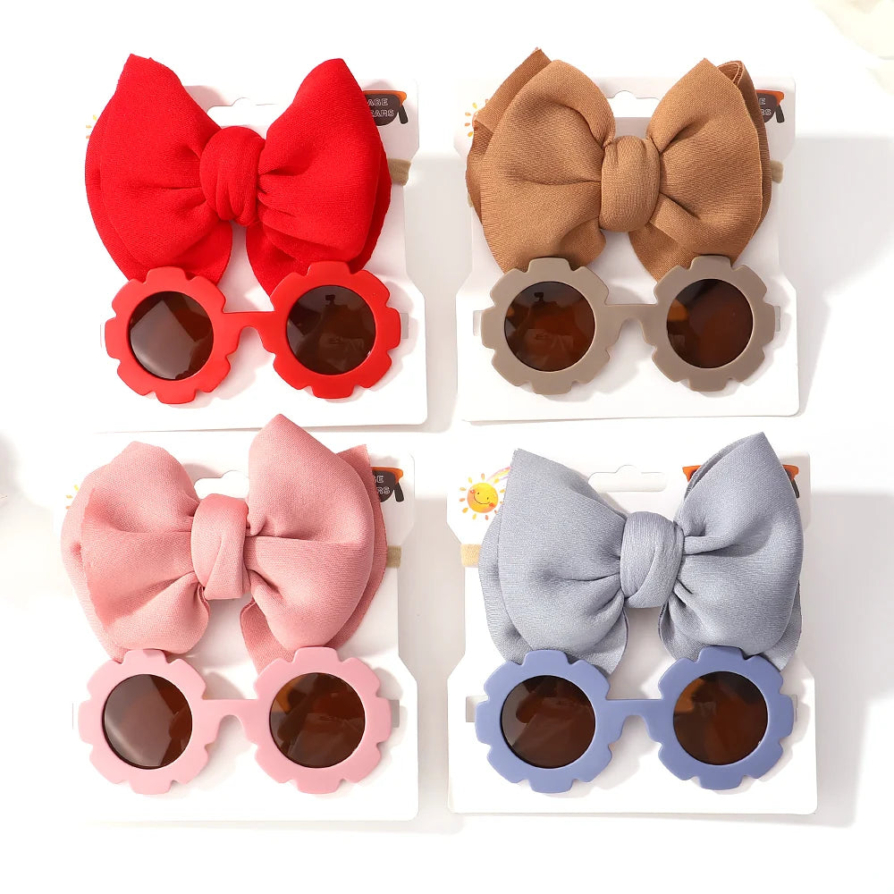 2Pcs Kids Sunglasses Headband Set Daisy Flower Round Toddler Bohemia Beach Seaside Sun Protection Eyewear Kids Hair Accessories