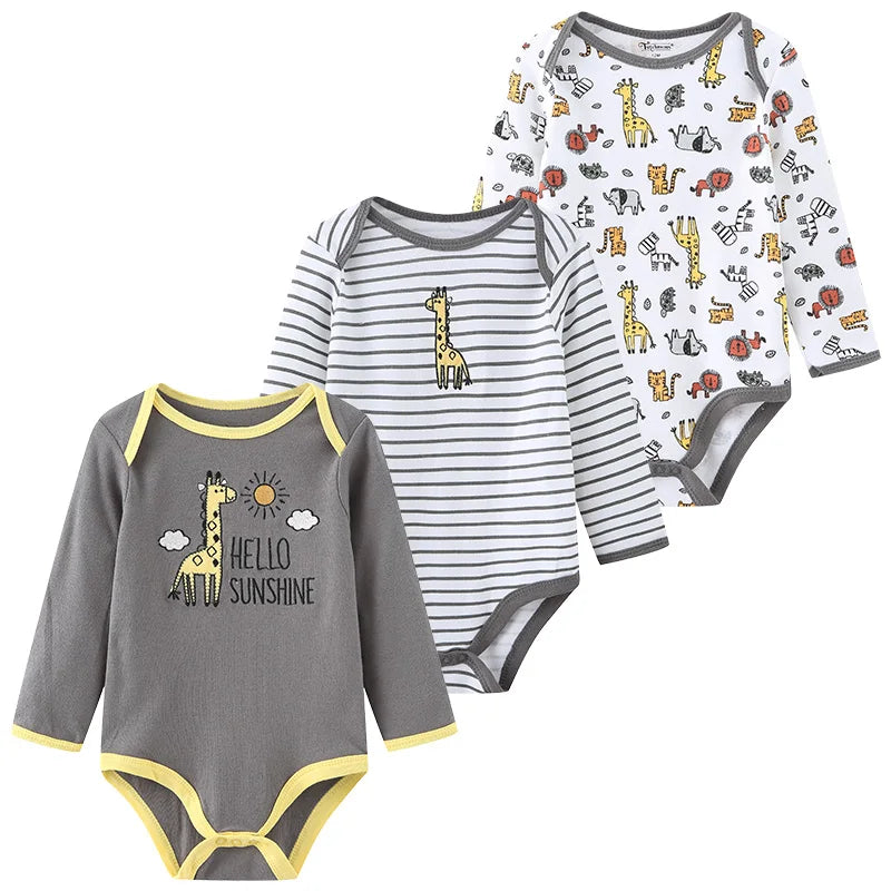 Kiddiezoom Three Piece Newborn Cartoon Long Sleeve 100 Percent Cotton Baby Bodysuits Unisex Soft Infant Onesies
