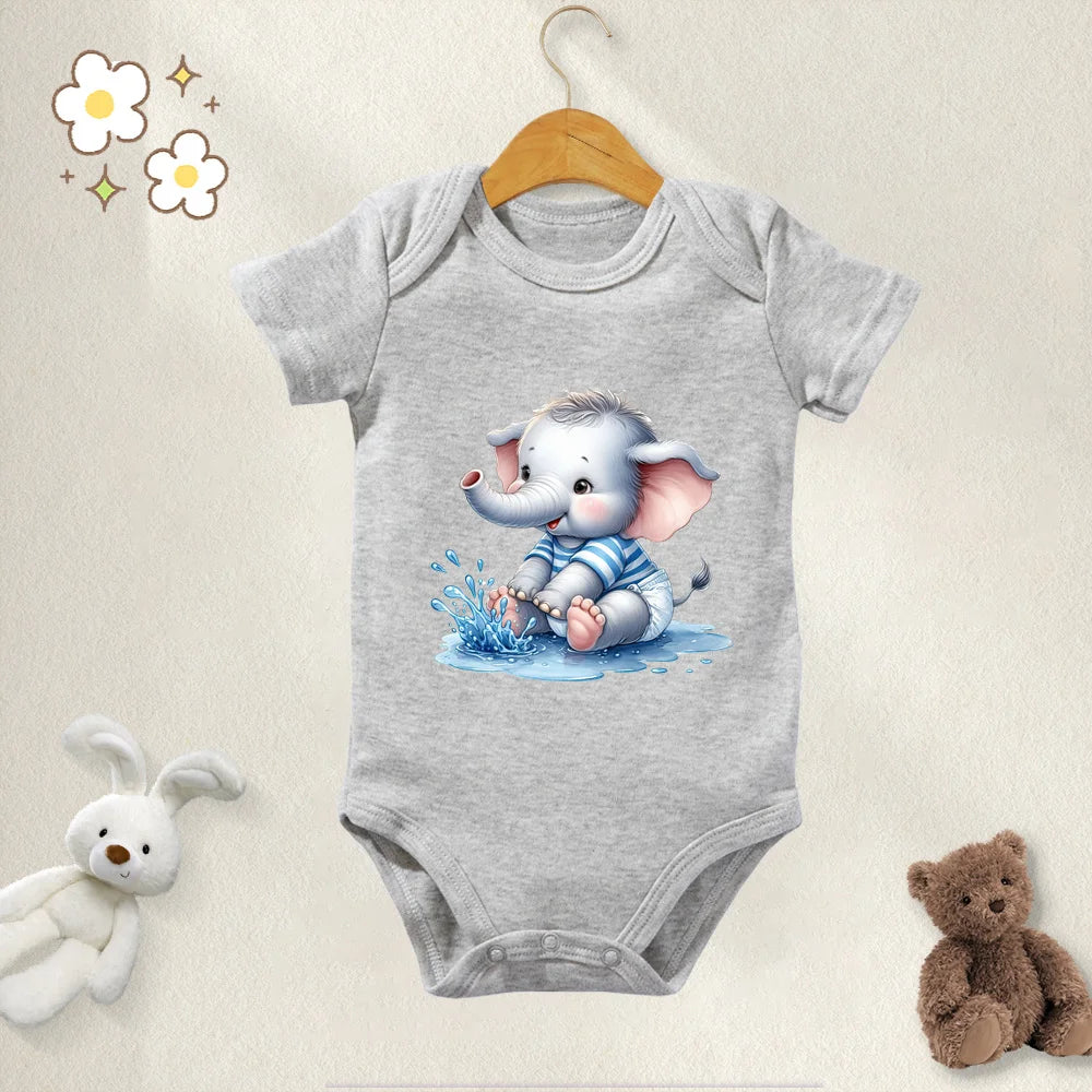 Unisex Baby Bodysuit Cute Elephant Print 100 Percent Cotton Short Sleeve Onesie Romper for 0 To 12 Months
