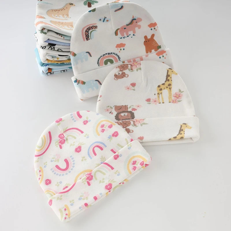 3 Sets Newborn Hat Gloves 100% Cotton Cartoon Baby Beanie Hat for Girls Boys Infant Bonnet Toddler Cap Kids Accessories 0-6M