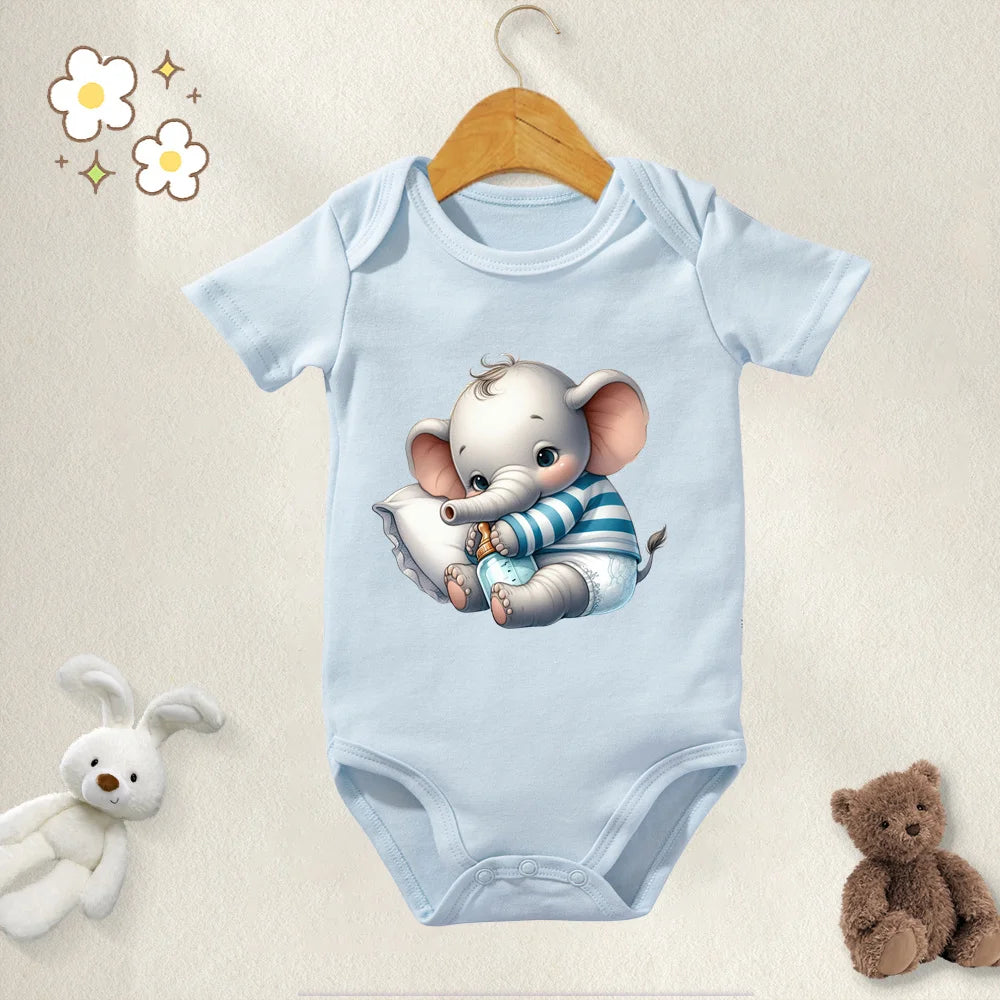 Unisex Baby Bodysuit Cute Elephant Print 100 Percent Cotton Short Sleeve Onesie Romper for 0 To 12 Months