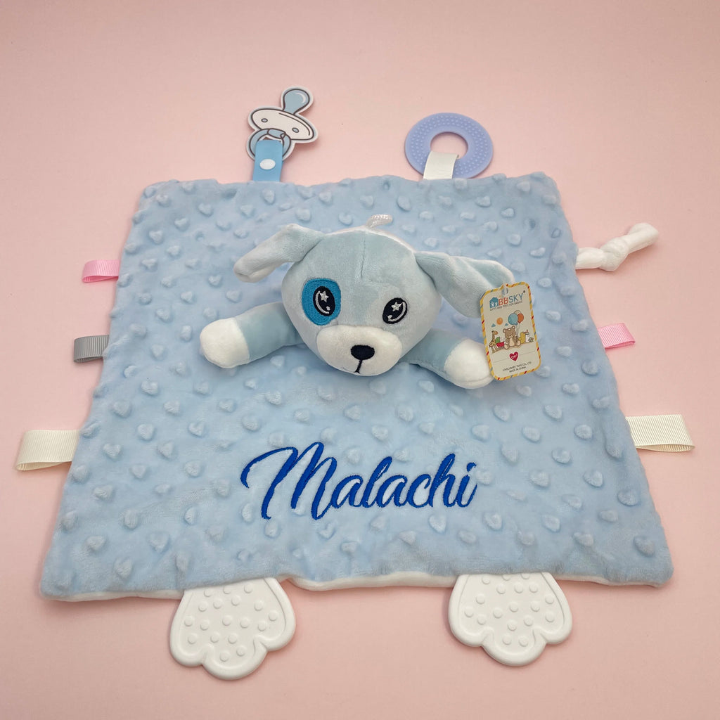 Personalized Newborn Baby Comforter Custom Minky Security Blanket with Teether Bunny Elephant Baby Shower Gift