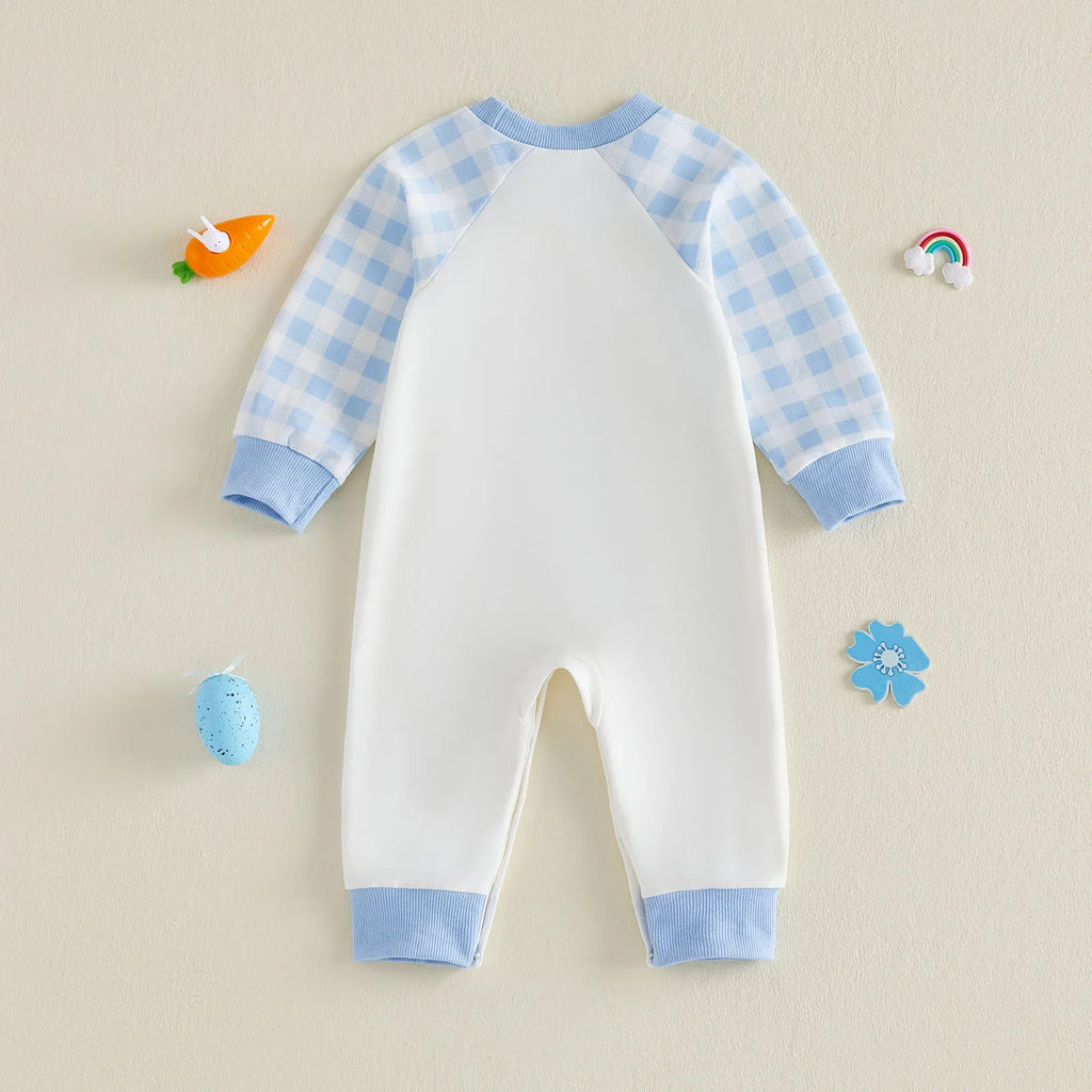 Cute Baby Easter Romper Bunny Letter Embroidered Plaid Long Sleeve Crew Neck Newborn Baby Rabbit Jumpsuit Costume