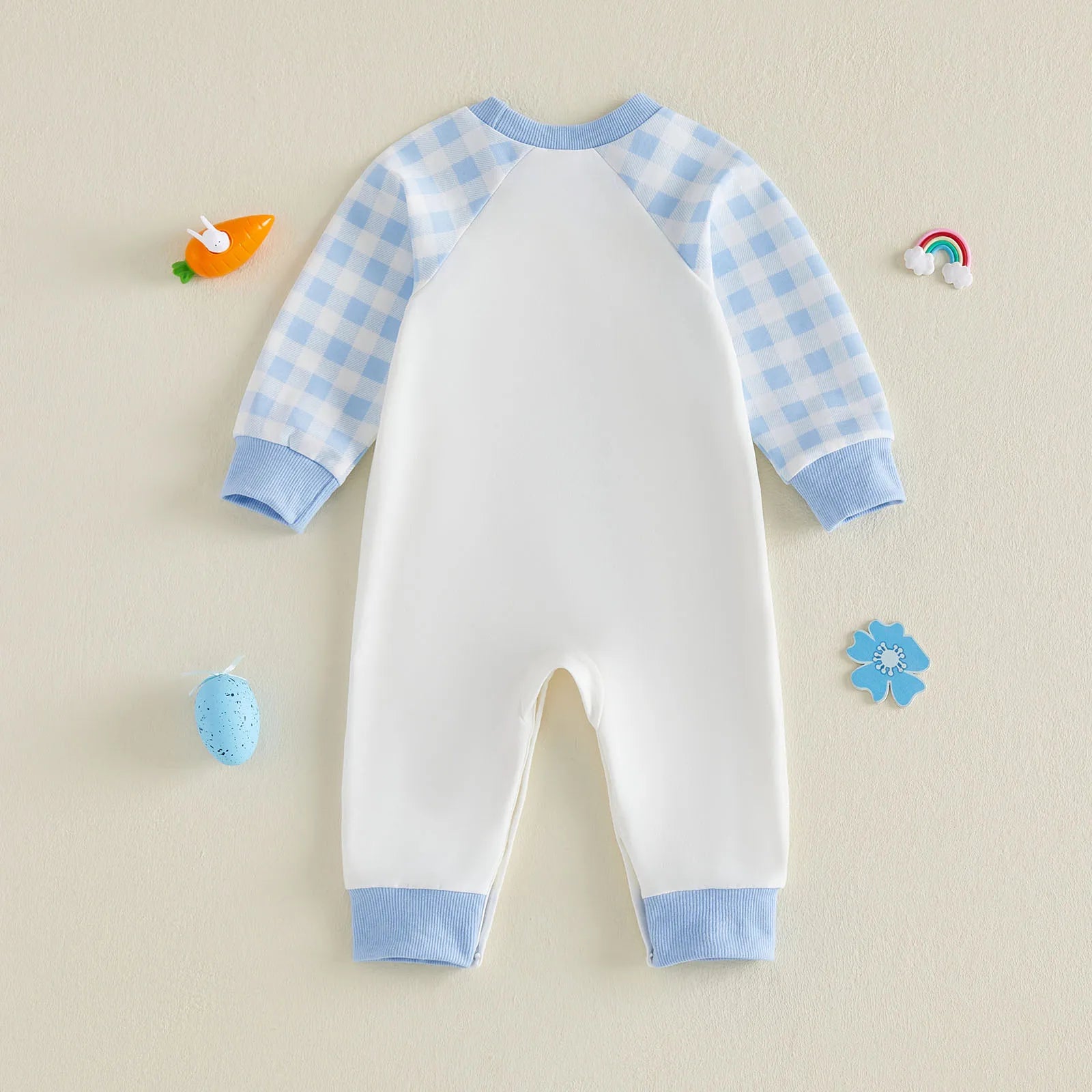Cute Baby Easter Romper Bunny Letter Embroidered Plaid Long Sleeve Crew Neck Newborn Baby Rabbit Jumpsuit Costume