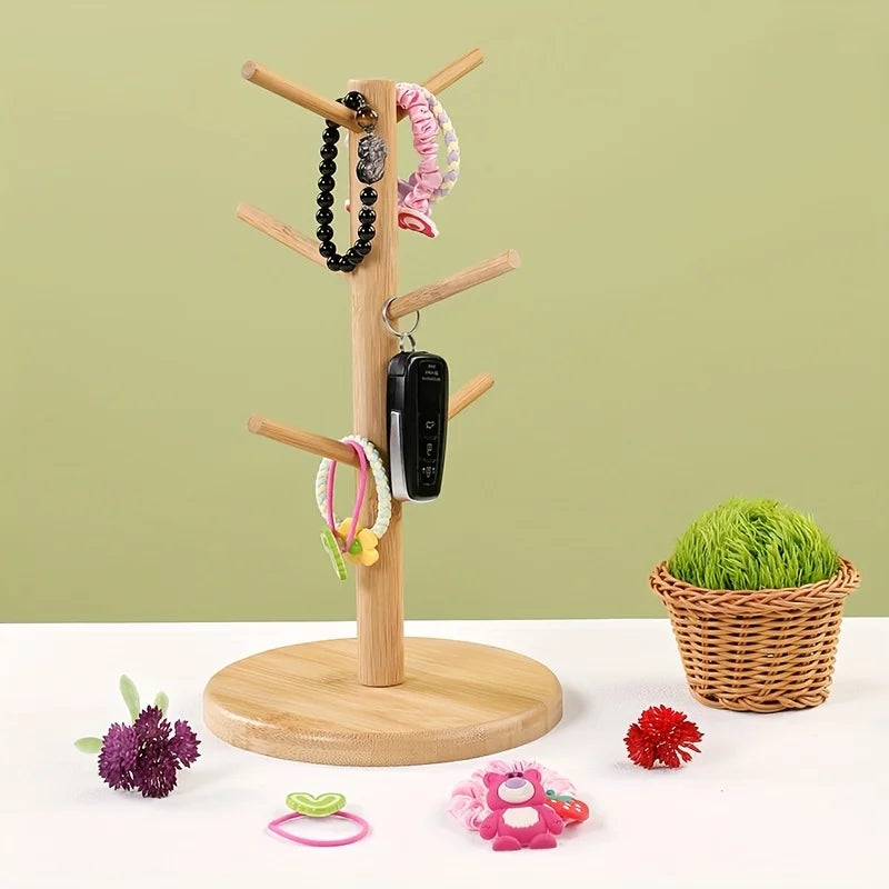 Mug Tree Holder Bamboo Natural Six-Hook Space-Saving Desk Organizer