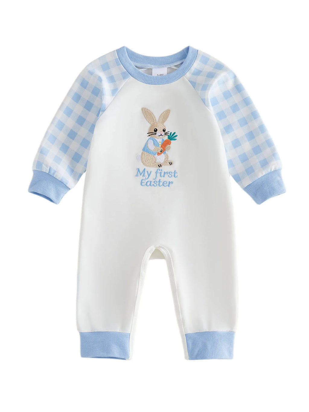 Cute Baby Easter Romper Bunny Letter Embroidered Plaid Long Sleeve Crew Neck Newborn Baby Rabbit Jumpsuit Costume