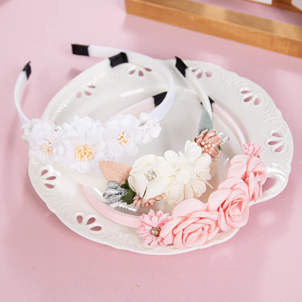Artificial Flower Baby Hair Bands Fake Flroal Rhinstone Ins Fashion Hair Hoop Princess Girls Accessories Silk Rose Kids Headwear