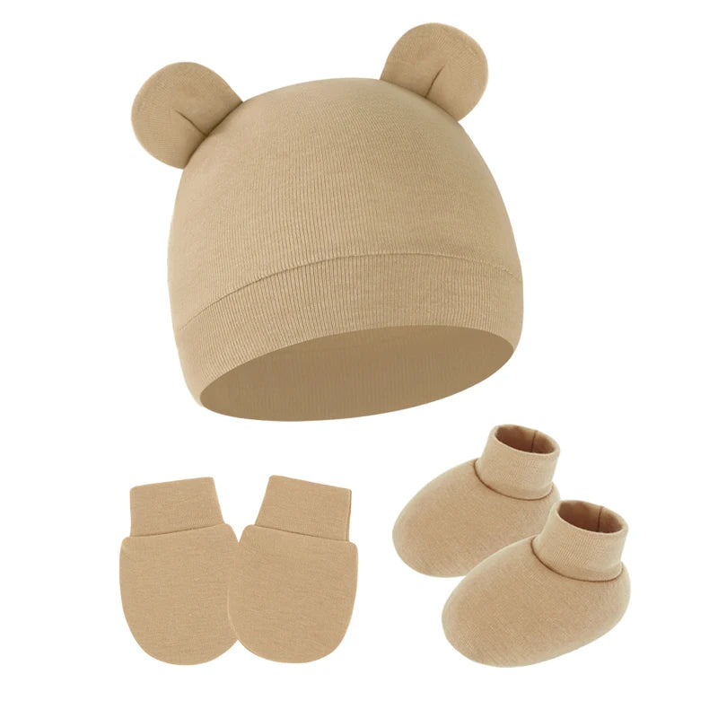 3Pcs Newborn Hat Set Cotton Bear Baby Beanie Hat Gloves Socks Suit Candy Color Infant Bonnet Toddler Cap Newborn Gift 0-6M