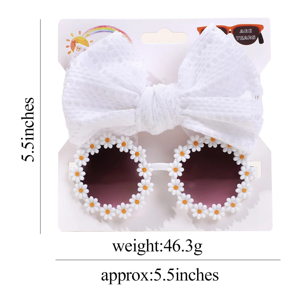 2Pcs Kids Sunglasses Headband Set Daisy Flower Round Toddler Bohemia Beach Seaside Sun Protection Eyewear Kids Hair Accessories