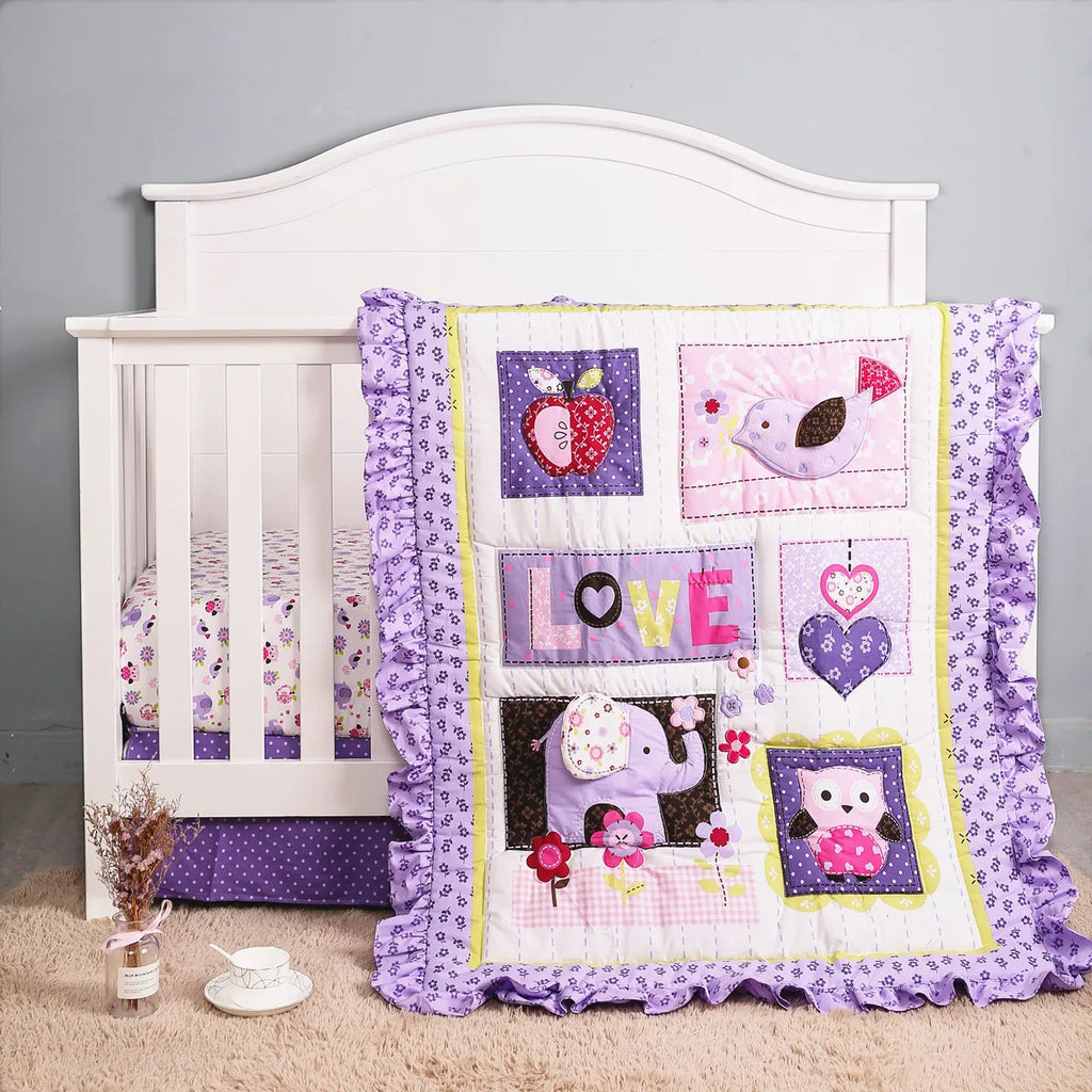 Soft Crib Bedding Set Baby Girl Nursery Crib Sets for Girls Standard Size 3Piece Comforter Fitted Sheet Crib Skirt