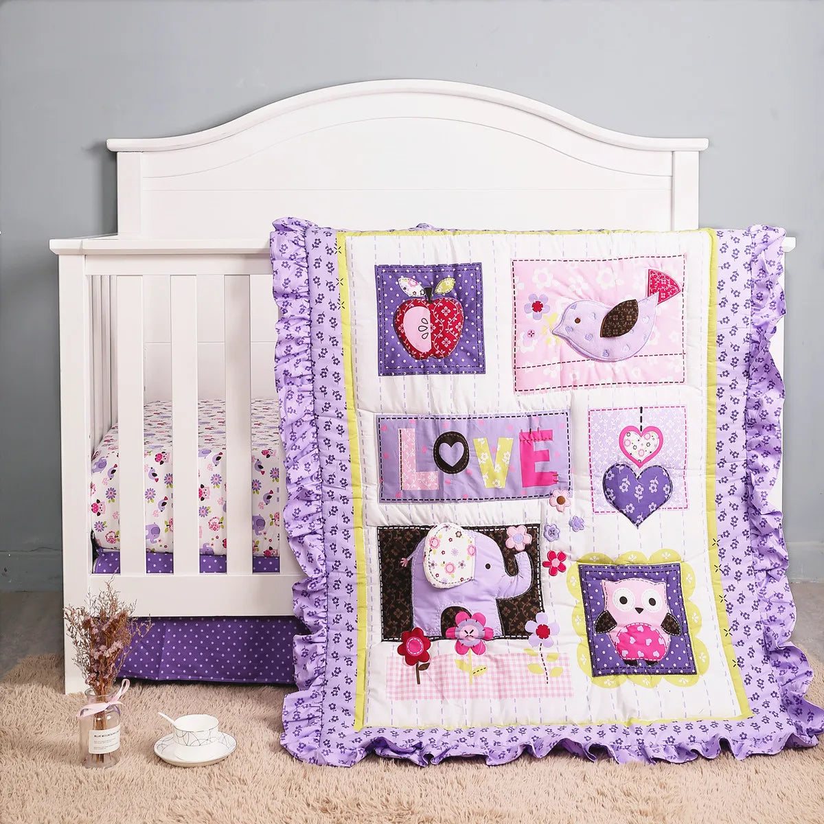 Soft Crib Bedding Set Baby Girl Nursery Crib Sets for Girls Standard Size 3Piece Comforter Fitted Sheet Crib Skirt
