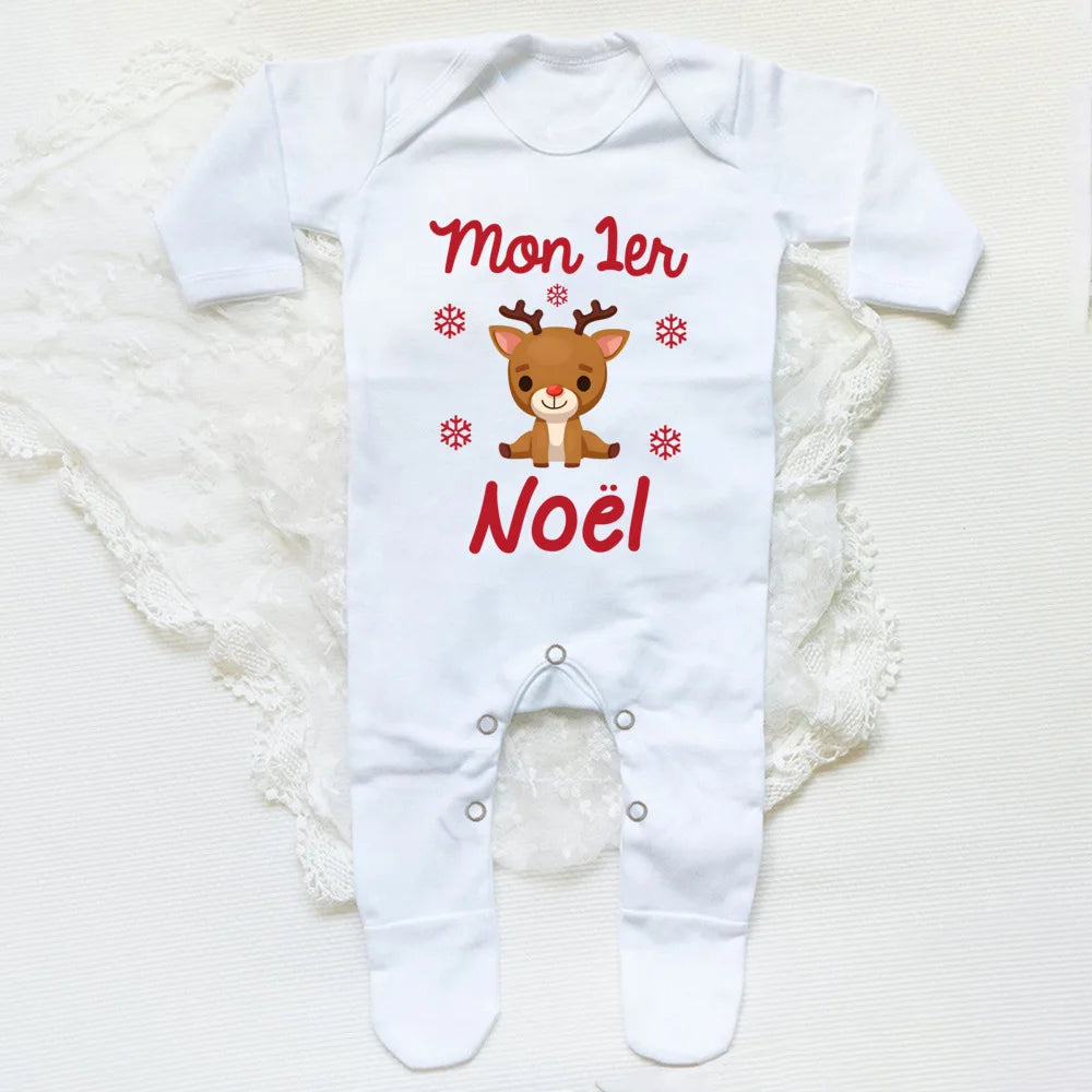 Your Baby's First Christmas Footed Sleepsuit Romper With French Letter Print Unisex Newborn Through Six Months