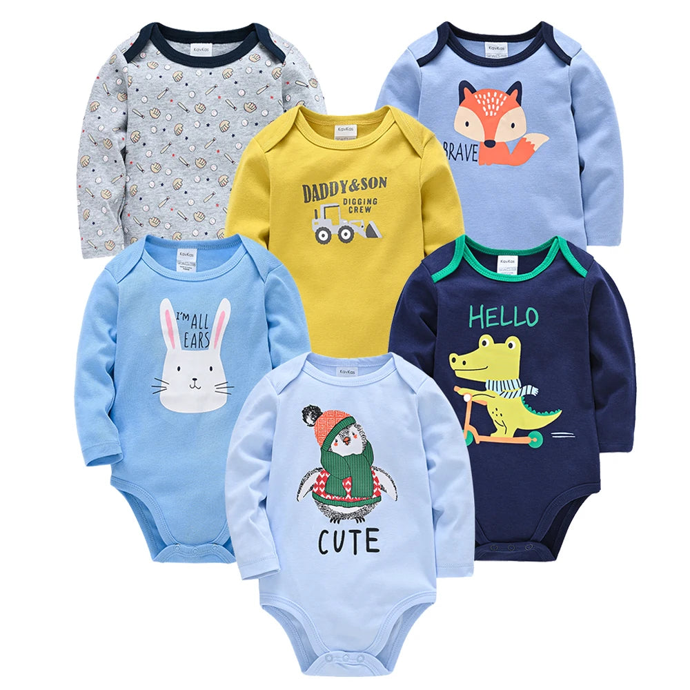 KAVKAS 6 Pack Baby Bodysuits Long Sleeve 100 Percent Cotton Unisex 0-12 Months Newborn Jumpsuit Clothing