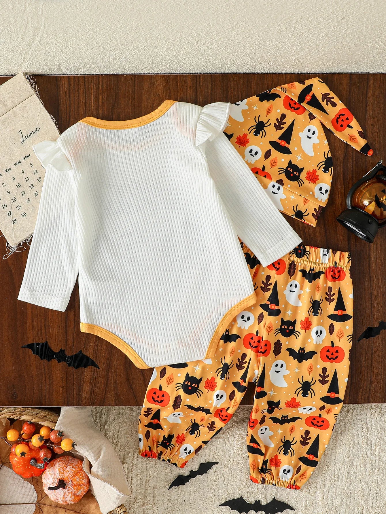 3Pcs Autumn Halloween Infant Baby Girl Boys Outfit Print Long Sleeve Romper Pants Fall Cute Streetwear Clothes Set+Hat