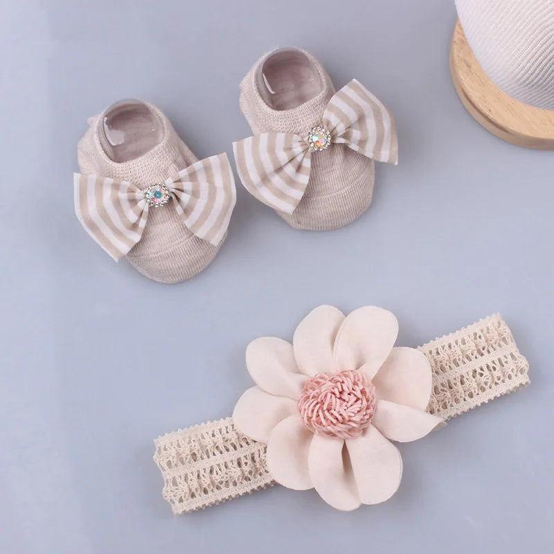 Princess Baby Headband Socks Set Mesh Flower Crown Toddler Hairbands Bow Infant Cotton Socks Newborn Photo Props Headwear Gift