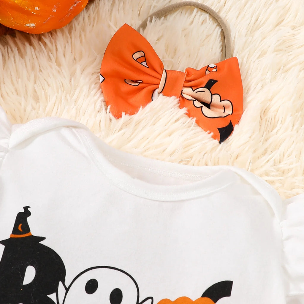 Halloween Autumn Baby Girl Ghost Long Sleeve Romper Bell Bottom Pants Headband 3-Piece Set Soft Infant Wear 0-1 Years
