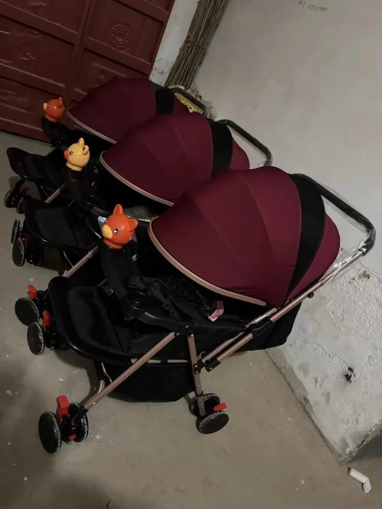 3 Baby Stroller With Rubber Wheel, Foldable Triplets Strollers